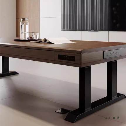 北美黑胡木木529电动可升降茶几家桃用餐桌两用实茶桌茶客台厅大