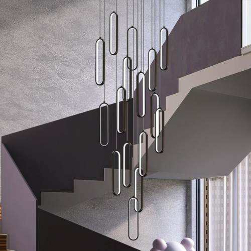 极简楼吊灯框890现代简约梯创意黑色方别墅中空灯具复式楼厅大吊