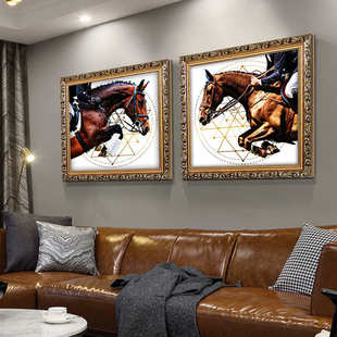 美式骏马装饰画玄关餐厅装饰正方形欧式大气两幅组合客厅挂画轻奢