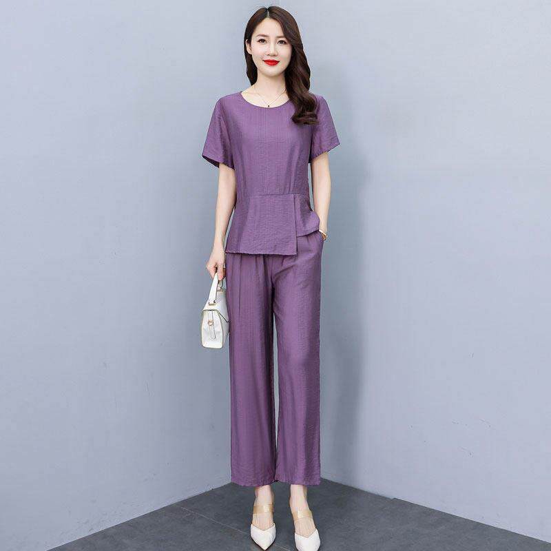 纯色薄款时尚休闲套装女装夏季新款大码九分裤女士棉麻短袖两件套
