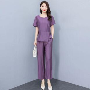 纯色薄款时尚休闲套装女装夏季新款大码九分裤女士棉麻短袖两件套