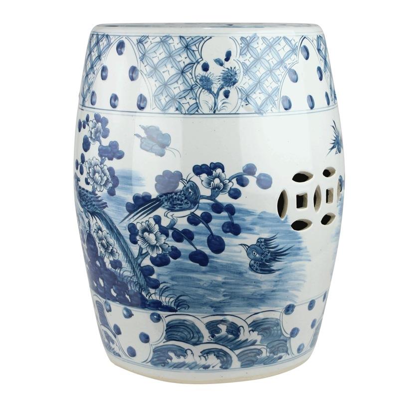 景德镇仿古青花瓷墩手绘花鸟龙纹鼓凳六边形边几家居梳妆换鞋凳子