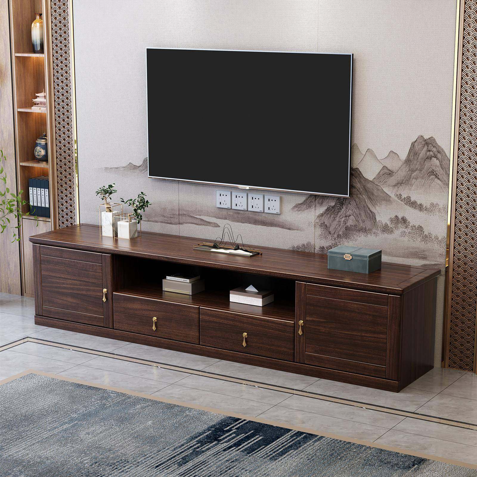 乌金木实木新中式电视柜客厅电视机柜矮柜别墅高端家具落地柜高柜
