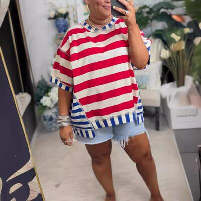 Womens Oversized Striped Shirt Summer Half Sleeve Tops Crew