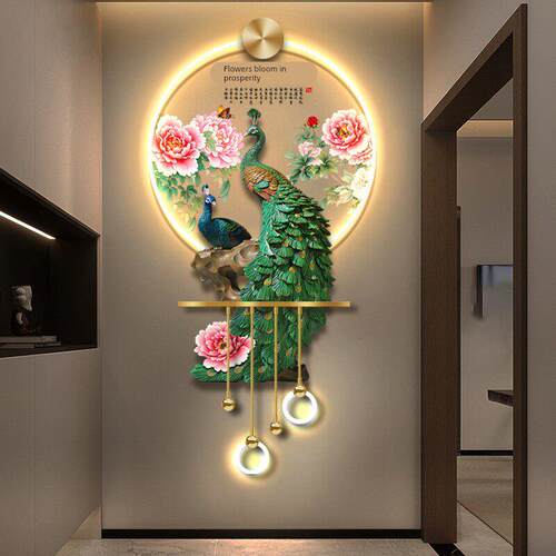 入口玄关孔雀牡丹装饰画客厅Led灯画电视背景墙壁画餐厅挂画