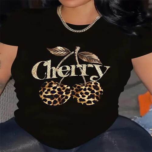 Women's Cherry & Leopard Print Round Neck Tee Casual Crew