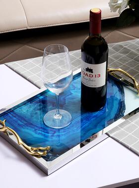 式简欧约金属玻璃托盘轻奢摆玛瑙摆件板IQY样房装饰客厅茶几收纳
