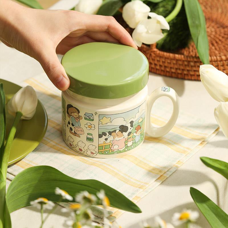 蓝莲花家居马克杯陶瓷高颜值咖啡杯儿童带盖杯子茶杯瓷杯泡茶水杯