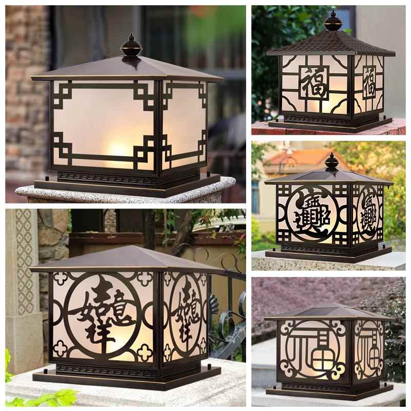 新中式全铜柱头灯户外防水庭院花园别墅大门灯室外围墙方形门柱灯