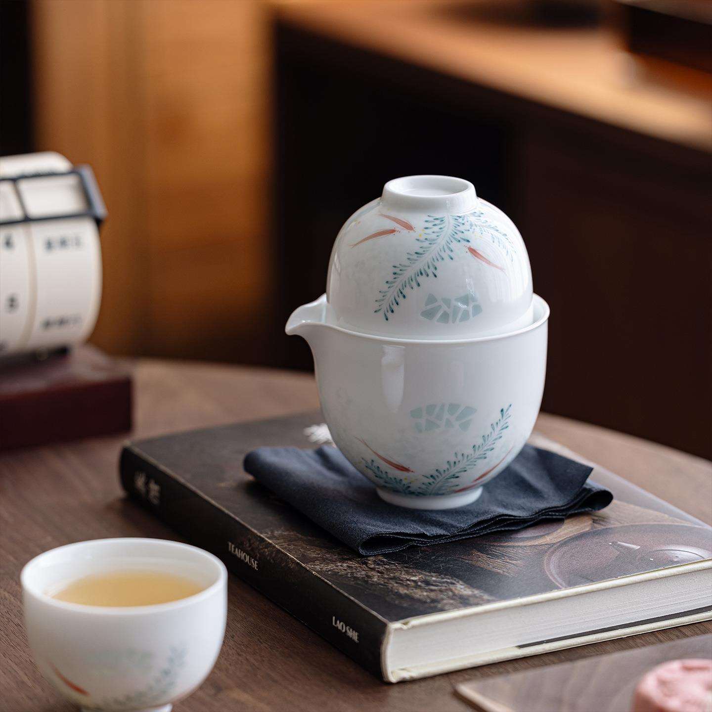 新中式手绘有鱼旅行茶具套装便携快客杯一壶二杯户外一人饮茶具