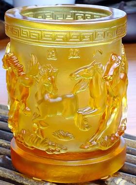正品水大琉璃笔筒送晶礼办公桌面老板气老师办公桌室摆件八骏图装