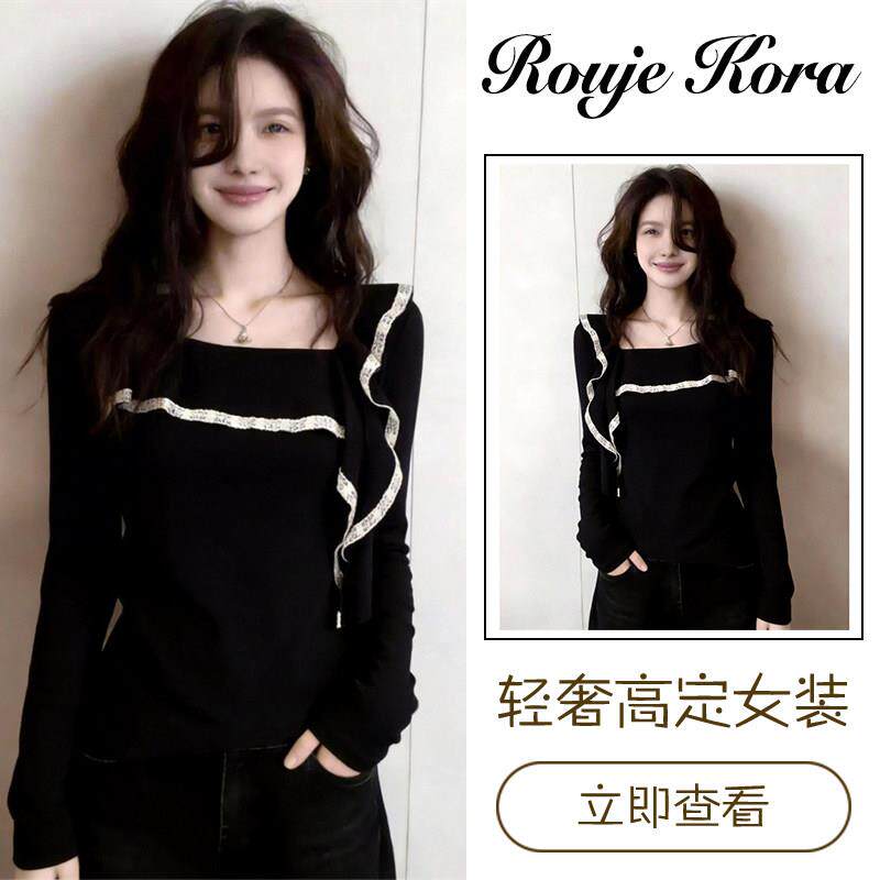 Rouje Kora法式蕾丝荷叶边上衣女春季不规则方领T恤通勤休闲女装
