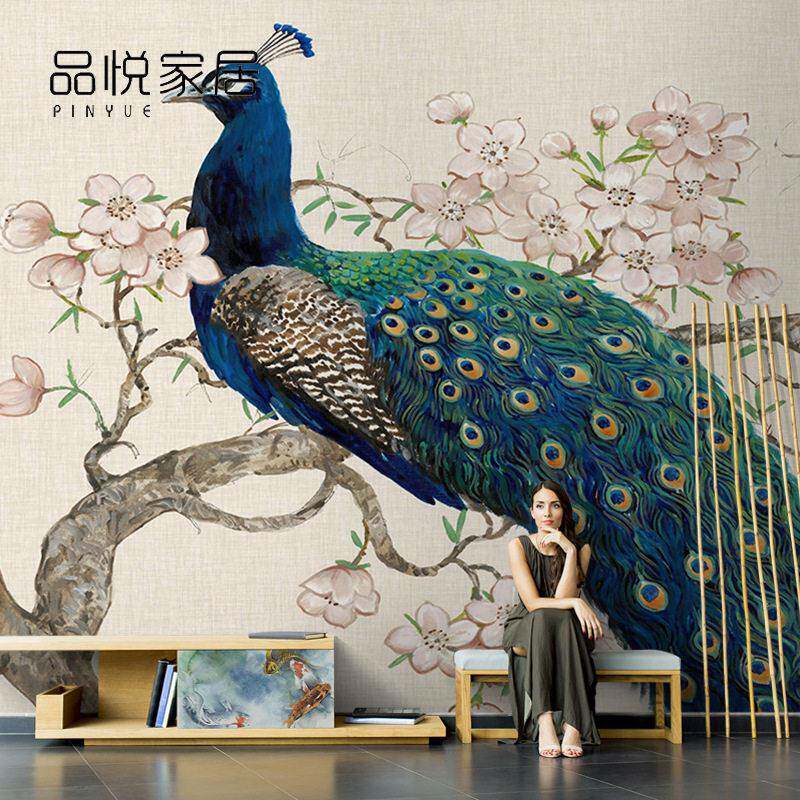 新中式创意油画桃花孔雀壁纸客厅电视背景墙墙纸壁纸壁画无缝墙布