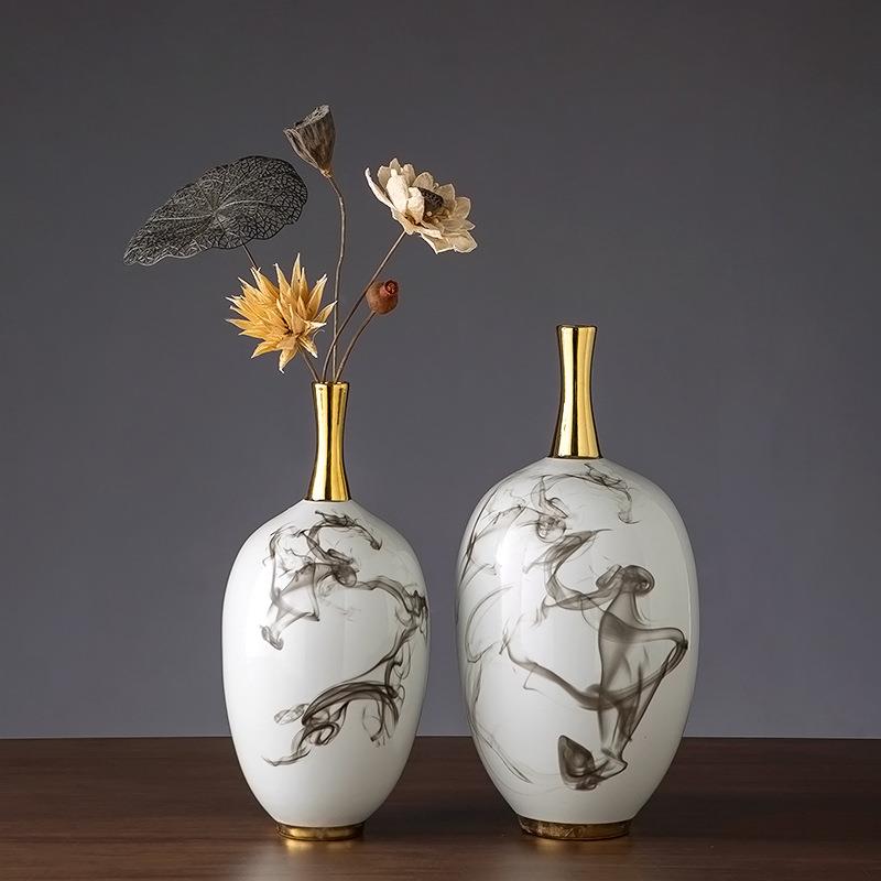 景德镇陶瓷花瓶摆件客厅干花插花水墨中式家居装饰仿真花窄口小口