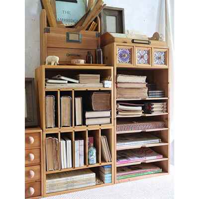 叁杉家居覆古书桌办公桌面小书架儿童小型置物架木质多功能收纳层