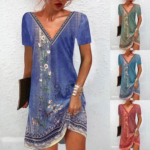 Women's new ethnic style printed collar short sleeved dress