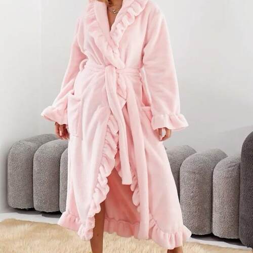 Fall & Winter Fitted Flannel Long Sleeved Robe with Ruffle