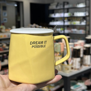 高级感轻奢简约几何男生马克带盖勺杯子水杯办公室咖啡杯家用