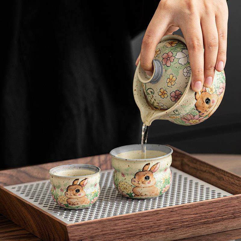 仿古焦糖釉拾花快客杯一壶二杯旅行茶具陶瓷茶壶茶杯便携户外泡茶