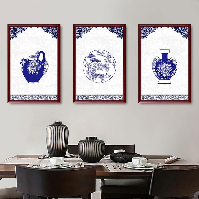 青花瓷装饰画新中式古玩店客厅背景墙挂画书房瓷器蓝色花瓶壁画图片
