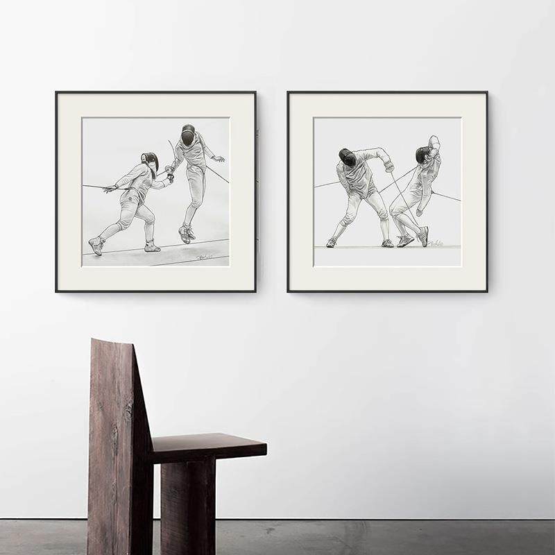 击剑运动现代黑白简笔画双联书房装饰画小众客厅挂画个性卡纸壁画