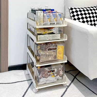 零食置物架小推车家用客厅落地多层饮料收纳柜箱架子奶油风可移动