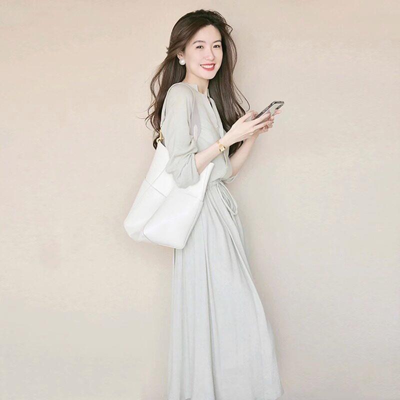 欧洲站春装女2025年新款女茶歇法式高级感系带长裙长袖衬衫洋装