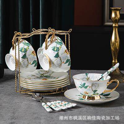 欧式咖啡杯陶瓷茶具田园创意高档骨瓷下午茶杯碟配勺套装带金色架
