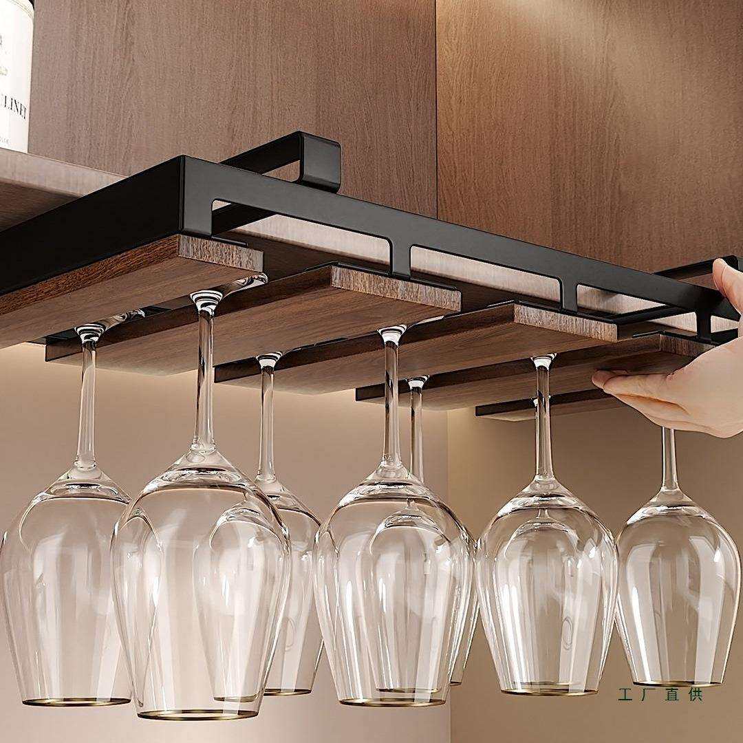 胡桃木红酒杯架免打孔倒挂高脚杯收纳架家用轻奢高档酒柜置物架子