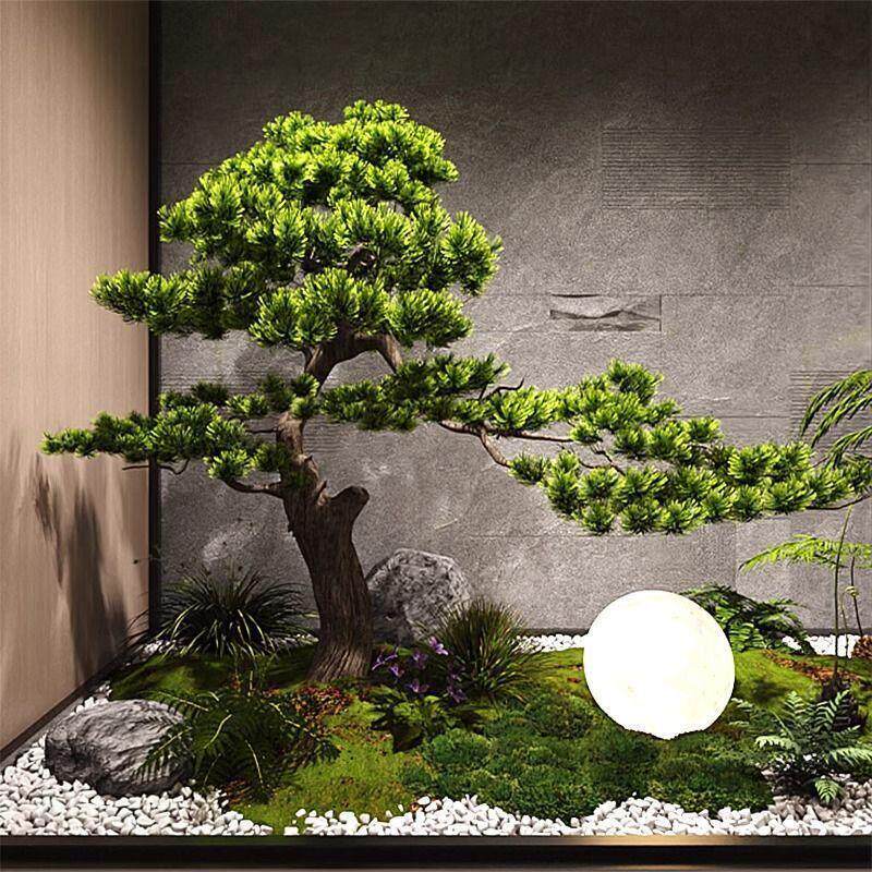 新款彷真迎客松造景大型假树植物室内玄关楼梯下中式装饰松树绿植