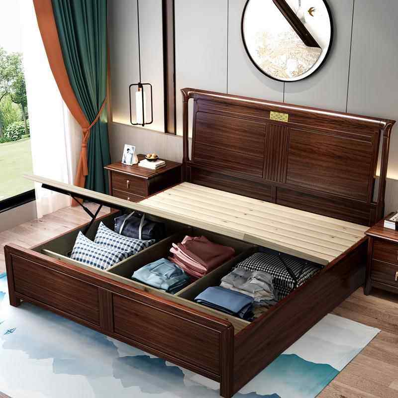 金乌木实木床1.8现代米简约人床新双中式主卧大床高箱储物床UGF婚