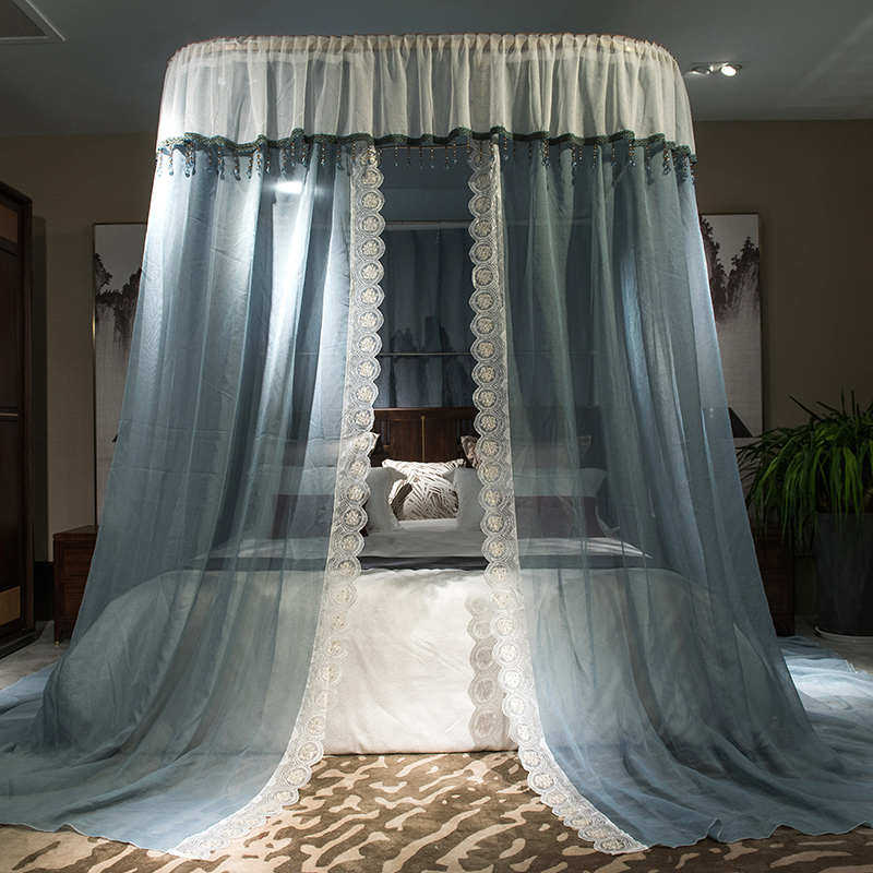 蚊帐家用2024新款加厚u型导轨高级卧室床幔轨道支架落地式三开