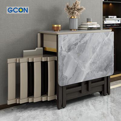 志光意式极简亮光岩板折叠餐桌家用小户型轻奢实木折叠桌可移动桌