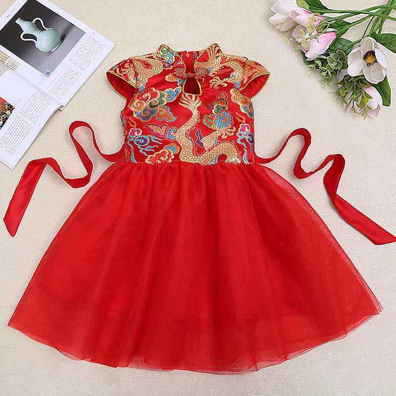 高档儿童旗袍演出服中国风红色装裙女一童古筝表演公主说唱六装礼