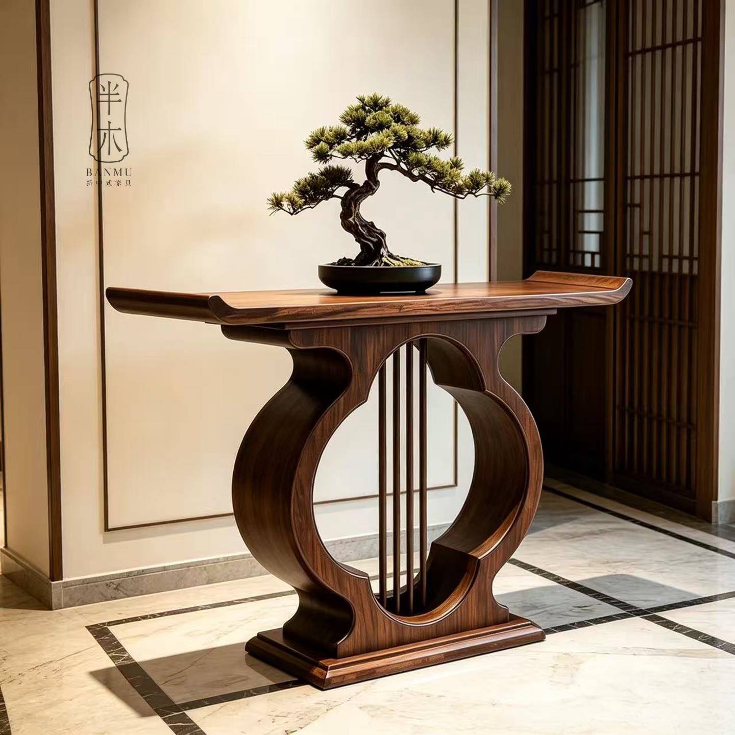 新中式条案黑胡桃木玄关桌入户门厅古典实木端景台玄关柜定制家具