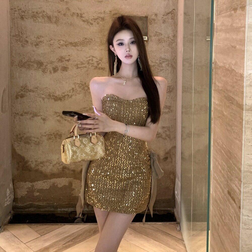 闪闪亮片抹胸洋装女宴会气质性感包臀裙约会战袍生日礼服裙子