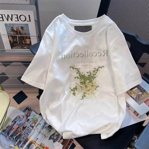 英国DGKP白色港风花朵短袖T恤女夏法式复古别致漂亮正肩纯棉上衣