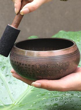 尼泊尔手工佛音碗瑜伽冥想颂钵音疗六字梵文款静心钵瑜伽摆件佛音