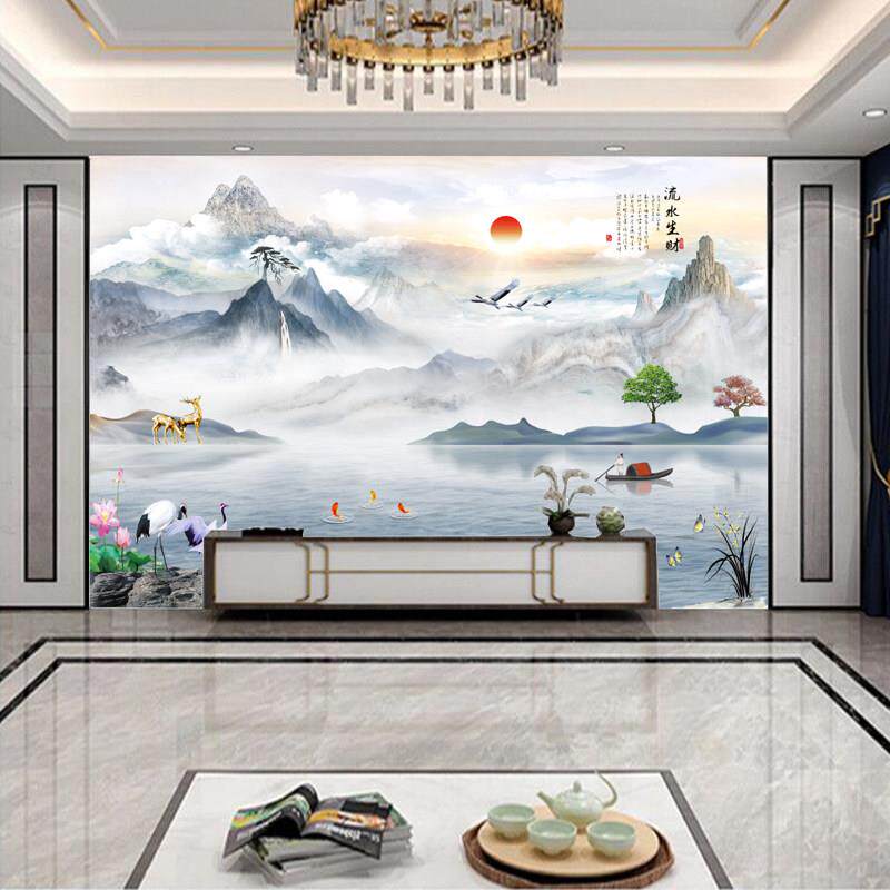 新中式招财山水画碳晶板护墙板客厅电视背景墙竹木纤维集成板快装