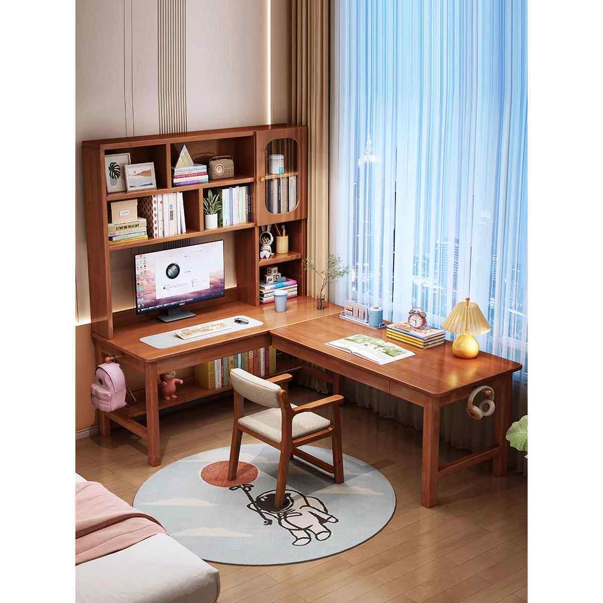 赵匠世家实木书桌书架组合儿童学习桌转角写字台书房办公桌电脑桌