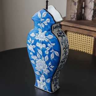 新中式青花瓷陶瓷大花瓶高级感景德镇花瓶中古风瓷器客厅装饰摆件