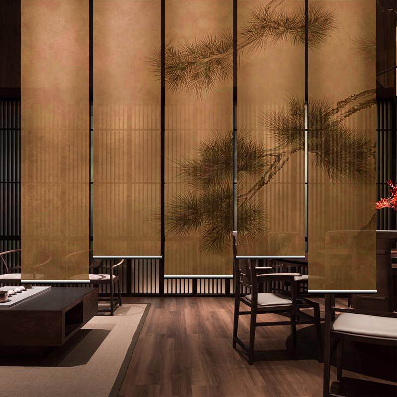 东方美学中式覆古屏风软隔断装饰客厅茶室玄关布帘卷帘窗帘迎客松