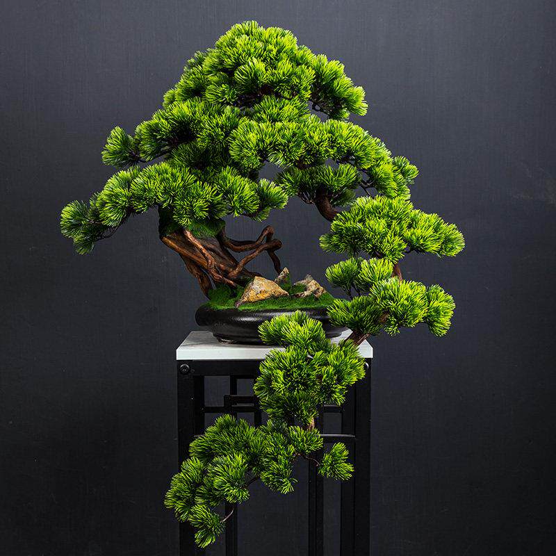 彷真迎客松盆景花架摆件新中式客厅装饰假花绿植物盆栽样板间软装