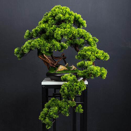 彷真迎客松盆景花架摆件新中式客厅装饰假花绿植物盆栽样板间软装