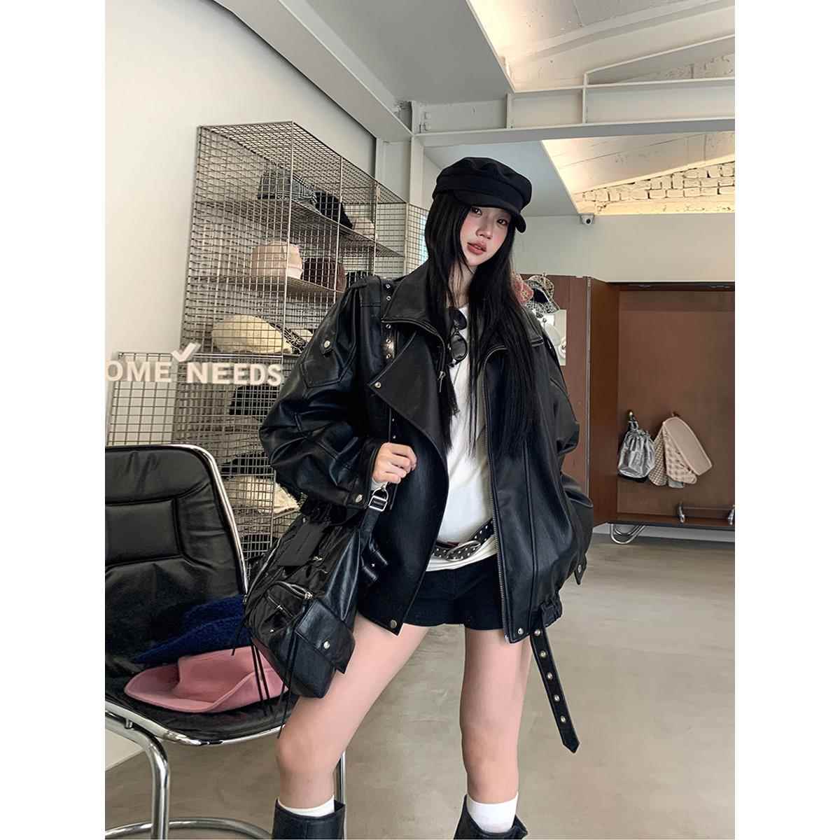 皮衣外套女2025秋季新款黑色酷飒风宽松慵懒美式重工pu机车皮夹克