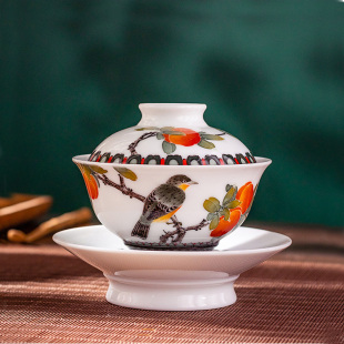 撕毛手绘三才盖碗八旬国大师袁述凡主人杯茶杯轻奢茶器高端贺寿礼