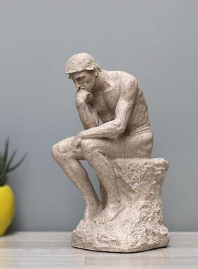 罗丹思想者砂岩雕像 北欧风格沉思者桌面艺术摆件 书房办公室装饰
