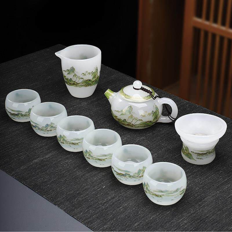 千里江山琉璃茶具套组家用盖碗轻奢高档办公室白玉功夫茶杯礼盒装