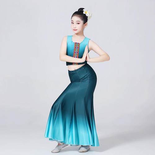 高档儿女童傣服族舞蹈出表演装练功裙演鱼尾半身裙傣族服装童艺考