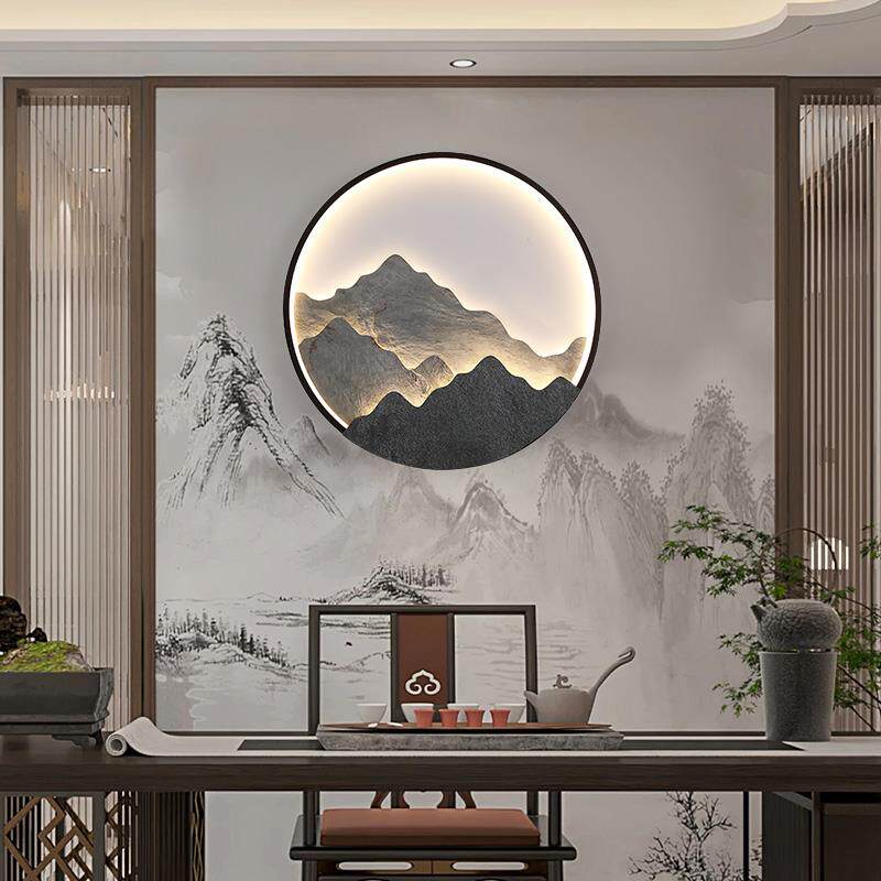 新中式岩板玄关壁画灯高端入户门客厅茶室背景墙山水立体挂画壁灯